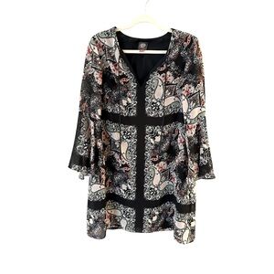 Vince Camuto paisley printed split neck, bell sleeve dress. Size 10; Navy multi